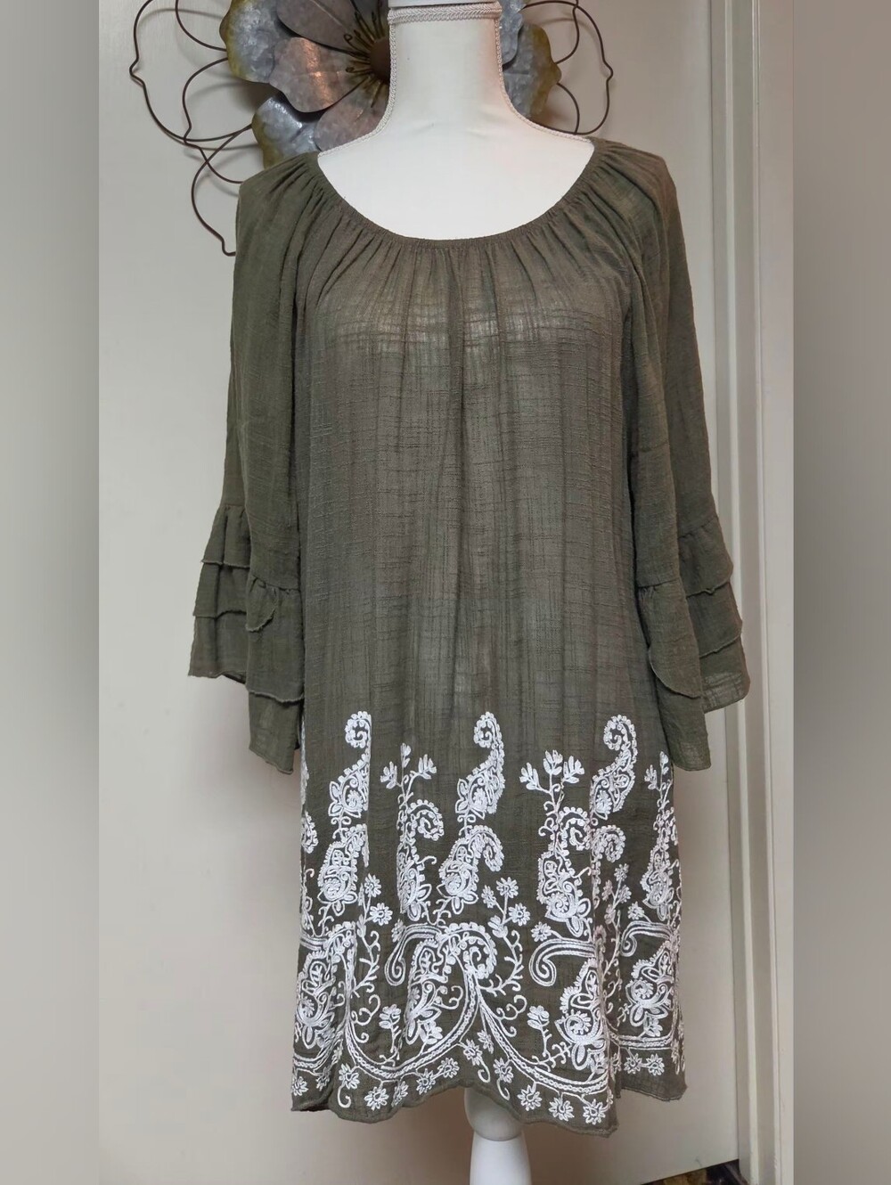 indigo soul Olive Green Peasant Tunic with White Embroidery